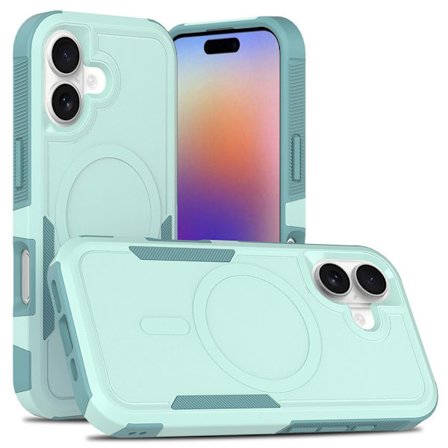 Kompatibel med iPhone 16, magnetiskt skal med vadderade hörn och splittringsbeständigt skal (blå-grön)