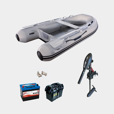 Schlauchboot / Schlauchjolle mit Elektro-Außenborder Aquaquick 250, Aluminiumdeck, grau + 1852-Marine 0.8 hk, 600 W, 66 cm verstellbare Rigg-Länge + 