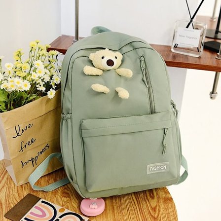 Student skolväska ny dam casual ryggsäck björn ryggsäck junior high school student skolväska utomhus resor-grön