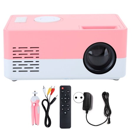 Mini bærbar projektor LED hjemmekino videomediespiller projektor med stativ 100‐240V hvit rosa EU-plugg