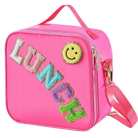 Isolerad Lunchväska med Justerbar Axelrem, Preppy Lunchbox i Nylon, Isolerad Väska med Chenille Bokstavspatch Dekoration För Sch (FMY)