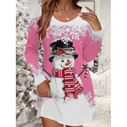 Julekjole for kvinner, avslappet, med snøfnugg- og juletreprint, lange ermer, rund hals, lett elastisk