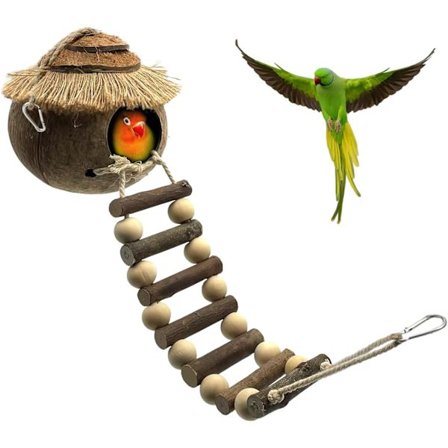 Fuglerede, naturlig kokosfiber-skjulested med stige og gynge til parakitter, finker, kanariefugle, dværgpapegøjer, hængende fuglehus til