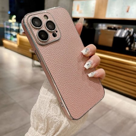 Fodral för iPhone 14 med linsskydd "Lychee Rose" elektropläterad silverkant Pebbled lädertextur lins silverpläterad Full-Body