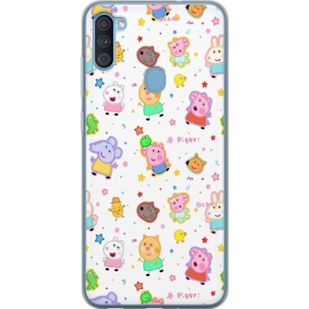 Kompatibel Mobilcover til Samsung Galaxy A11 Farverige tegneserie dyrekarakterer i en legende stil med stjerner og prikker på en lys baggrund