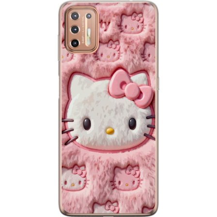 Kompatibel Mobilcover til Motorola Moto G9 Plus Hello Kitty lyserød fluffy baggrund med ikonisk ansigt og kawaii-æstetik