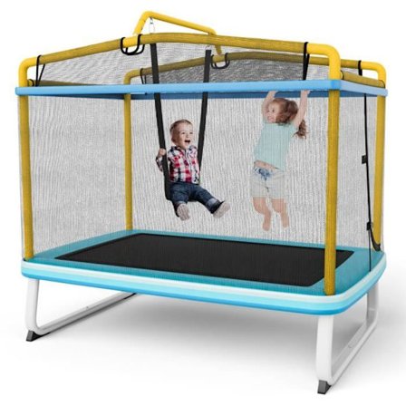 COSTWAY Trampolin til børn Rektangulær 190 x 124 cm 3 i 1 med gynge, vandret stang, indkapslingsnet 100 kg gul