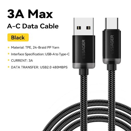 Essager 3A USB Typ C-kabel USB A till Typ C Snabbladdningskablar för iPhone 15 Samsung Xiaomi Mobiltelefon Data Laddare Sladd