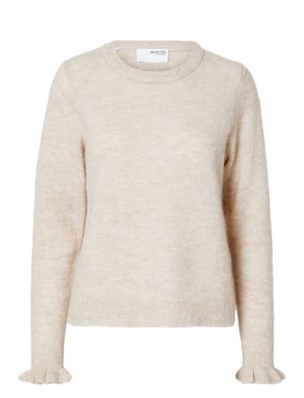 Slflulu Ls Knit Frill Cuff O-Neck Noos Cream Selected Femme