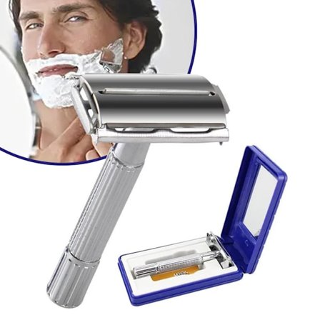 Klassisk traditionell dubbelrakhyvel för män, manuell skäggtrimmer i rostfritt stål med förvaring