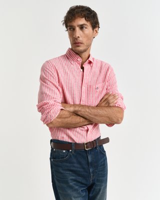 GANT - Regular fit stripet skjorte i bomullslin til herre brick red