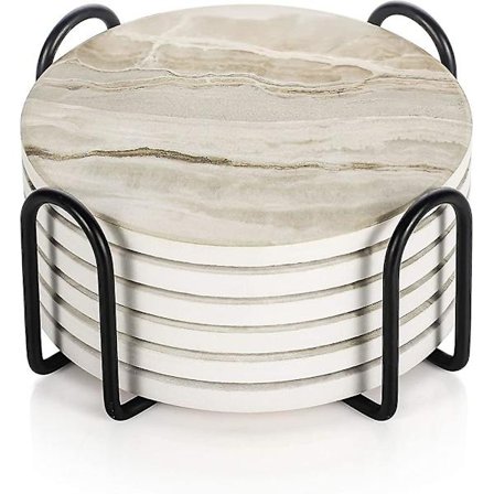 Drikk Underlag Med Holder, Absorberende Underlag Sett Av 6, Marmor Stil Keramikk
