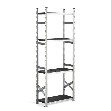 Reol grunnseksjon med sorte plasthyller, 2500x900x400 mm