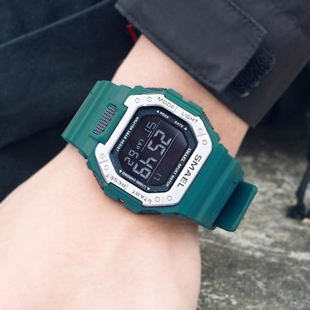 Smael Herre Sportsure Digitalt LED Ur Vandtæt Auto Dato Militær Army Grøn Firkantede Armbåndsure 8059 Gummirem