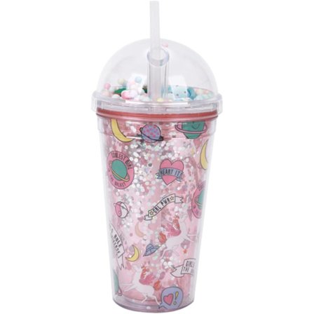 450 ml Plastkopp (Rosa) med Sugrör och Lock, Läckagesäker Vatten