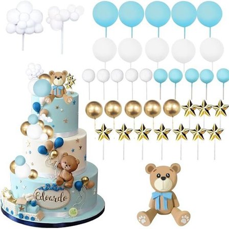 38-Dels HASEPE Blå Teddybjørn Kaketopper for Dåp, Babyshower og Bursdager, Gjenbrukbare, Skum og Plast
