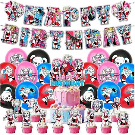 Harley Quinn syntymäpäiväjuhlatarvikkeet Onnittelukyltit Ilmapallot Kakunkoristeet