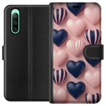 Kompatibelt Lommeboketui til Sony Xperia 10 IV Myke tredimensjonale hjerter i rosa og marineblå toner i et romantisk mønster