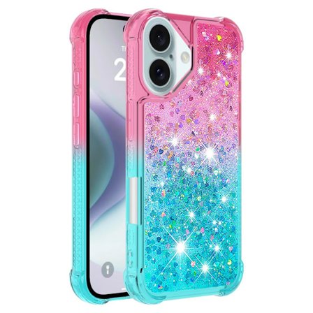 SKALO iPhone 16 Kvicksand Glitter Hjerter TPU Cover - Pink-Turkis