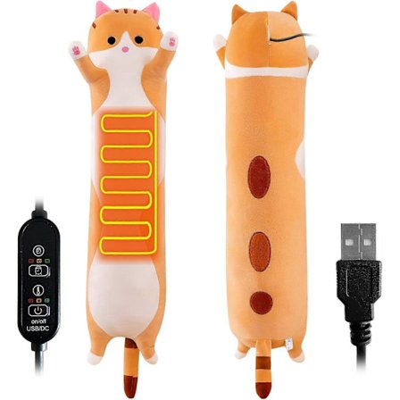 Varmepude til menstruationskramper og lindring af nakke- og skuldersmerter, bærbar kælende 19,7" plys kat med en varm blød mave (brun)