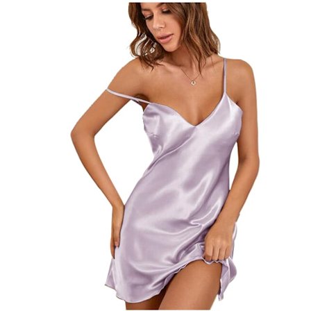 Satin nattkjole for kvinner med V-hals og sexy spaghettistropper