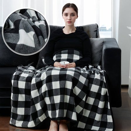 Bärbar varm filt cape - med knappar - mjuk ärmlös sjal - rutigt mönster - svart & vit