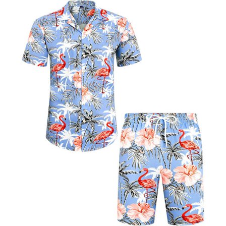 Hawaii-skjorta och shortsset för män, normal passform, kortärmad, avslappnad, funky strand Flamingoskjorta set XXL