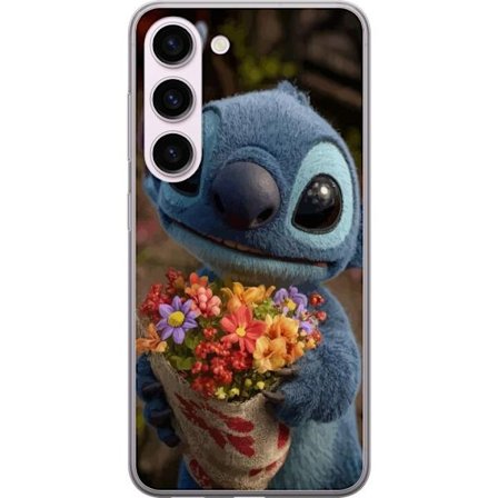 Kompatibel Mobilcover til Samsung Samsung Galaxy S23 Sød blå figur med store øjne, der holder en farverig buket i en varm og kær stil