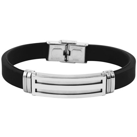 Svart Armband i Rostfritt Stål & Gummi - Silver Detalj & Mönster