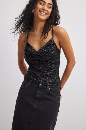 NA-KD Débardeur à décolleté en cascade, sequin - Tops habillés - Noir - XX-Large