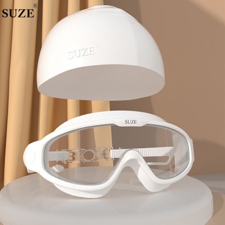 Simglasögon för vuxna med stor ram, anti-im, helvita transparenta integrerade öronproppar + badmössa