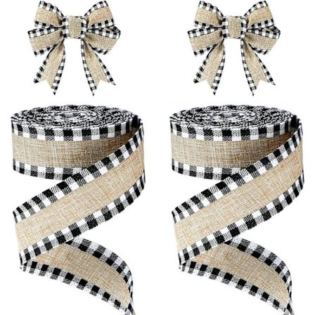 2 rullaa joulun puhveliruudullisia langallisia reunanauhoja juuttikangasta luonnollinen pakkausnauha ruudullisella reunalla, 548 cm (mustavalkoinen, 