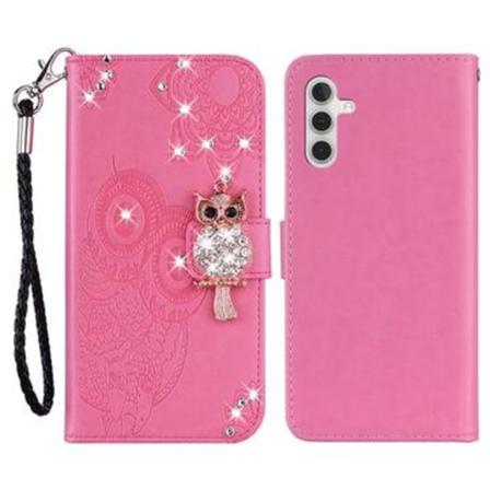 Samsung Galaxy A15 Plånboksfodral med uggla och strass -... Rosa
