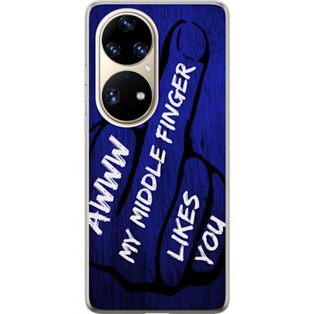 Kompatibelt Mobildeksel til Huawei P50 Pro Mørk typografisk illustrasjon med hjerteform og budskap om vennskap mot dyp blå tretekstur