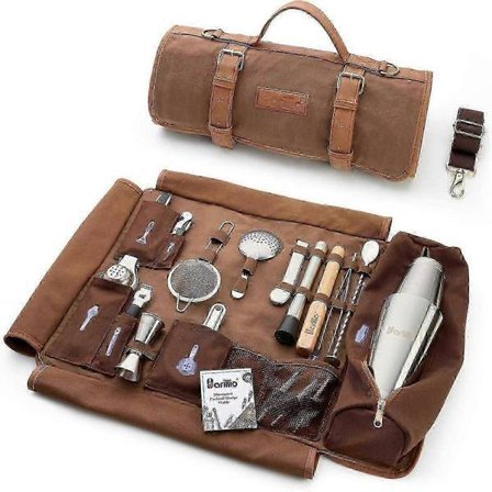 Bartender Kit Bag med Cocktail Shaker Sett - Vokset Lerret Reise Bar Verktøy Bag 17-delt Mixology Kit - Mobile Bartending Kits