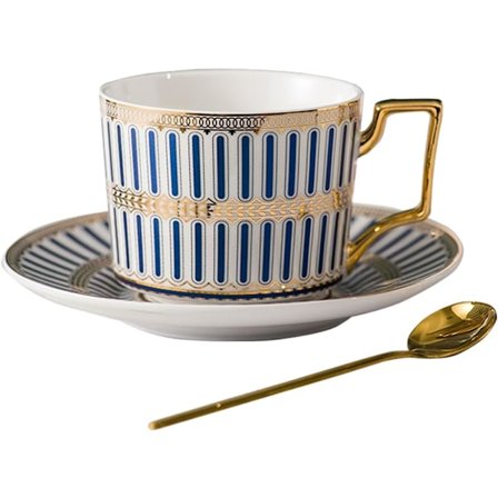 Europeisk stil kopp tekopp och fat set, 8,5oz/250ml benporslin kaffe tekoppar med fat och gyllene sked