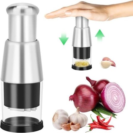 Garlic Press - Stainless Steel - Touchless - For Garlic, Chili Powder, Onion - Black/Silver - Single Piece