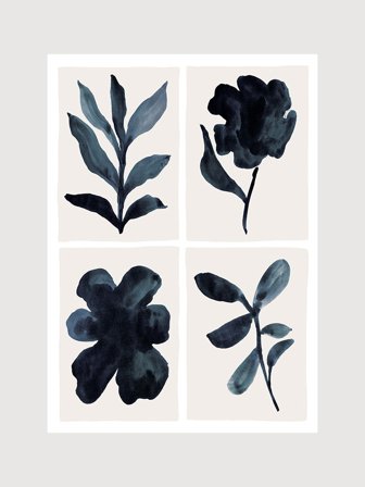 Poster med illustration av blommor i blått och beige | Kunstary.com, 70x100 cm