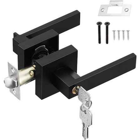 Dørhåndtag med lås, sort indvendig dørhåndtag med lås og nøgle, firkantet hoveddørhåndtag til soveværelse, kontor, venstre- eller højrehånds -