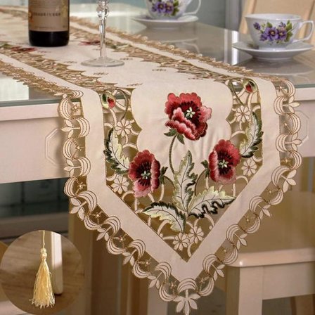 Klassisk ros Broderade blommor Beige Spets Blommor Bordslöpare Tvättbar Kommod Scarf Bordsskiva Hemmatsal Dekoration - Röd Blomma