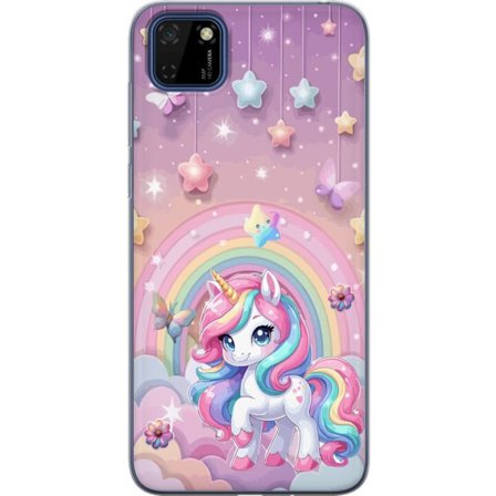 Kompatibel Mobilcover til Huawei Y5p Magisk enhjørning med regnbue manke, stjerner og sommerfugle mod en pastelfarvet himmel med skyer