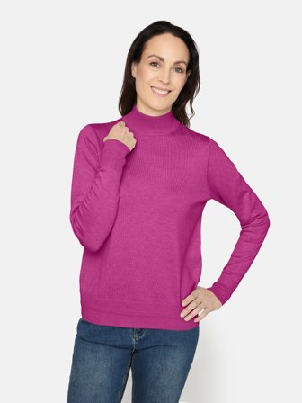 JENSEN - Langærmet Strik - Fuchsia Pink Melange - Høj Hals