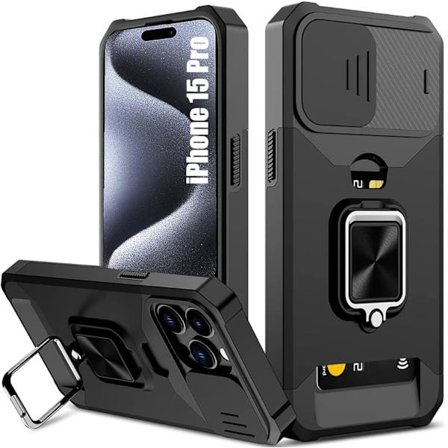 [LCS] iPhone 17 Pro Max -kuori, jossa [korttipidike][liukuva kamerasuoja][360° pyörivä rengasteline] vahva suojaava puhelinkuori