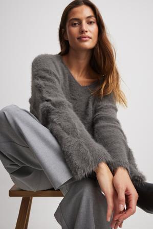 NA-KD Pull col V en maille torsadée - Tricot épais - Gris - XX-Small