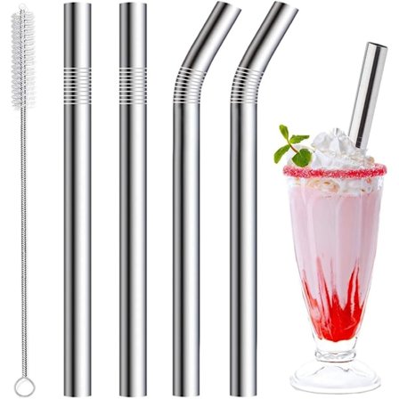 Milkshake-sugrör 10 mm breda sugrör, 4-pack sugrör i rostfritt stål, 266 mm och 216 mm långa sugrör med 1 sugrörstrengörare, återanvändbara