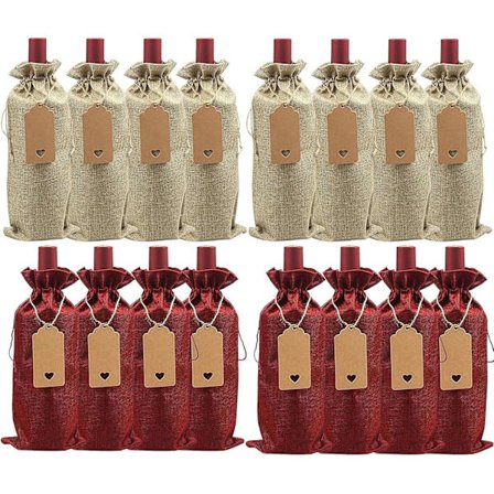 16 Uudelleenkäytettävää juuttikangasta viinipullojen suojapussia kiristysnyörillä ja riipuksella, 34 cm x 15 cm