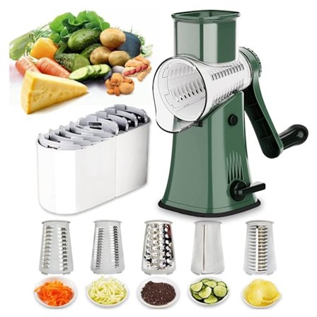 Rotary Rivejern, 5-i-1, med Flip Box, Grønnsakskutter, Vaffelkutter, Nøttehakker, med Håndtak og Sterk Sugekopp, Grønn