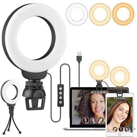 4" Ring Light for Laptop med stativ, konferansebelysningssett, 3 lysmoduser dimbar LED-ringlampe for møter, sminke, selfie, videoopptak, strømming