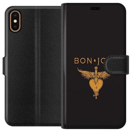 Kompatibelt Plånboksfodral till Apple Apple iPhone X Ikonisk musikillustration med bevingat hjärta och dolk i guldtoner på mörk bakgrund, kraftful