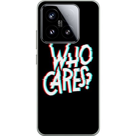Yhteensopiva Puhelinkuori Xiaomi 15 Glitch typografia, jossa teksti "who cares" on punaisella ja syaanilla mustalla minimalistisella taustalla.